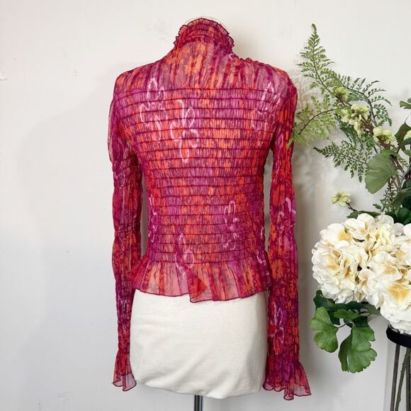 Free People Hello There sheer ruched mock-neck top red orange mesh | medium - Picture 7 of 13